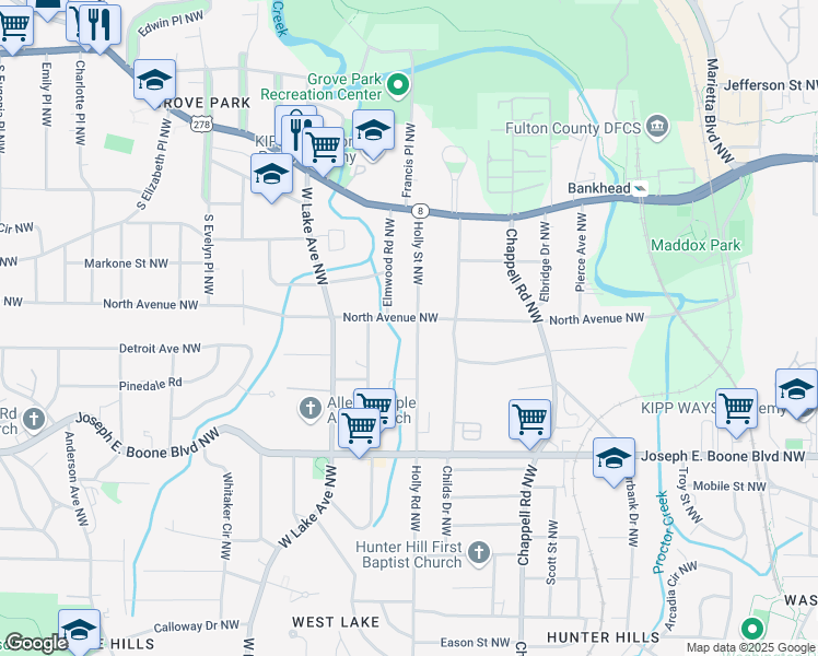 map of restaurants, bars, coffee shops, grocery stores, and more near 458 Holly Street Northwest in Atlanta