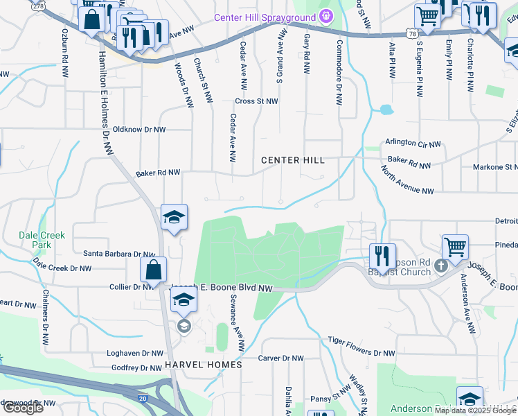 map of restaurants, bars, coffee shops, grocery stores, and more near Center Hill Avenue Northwest in Atlanta