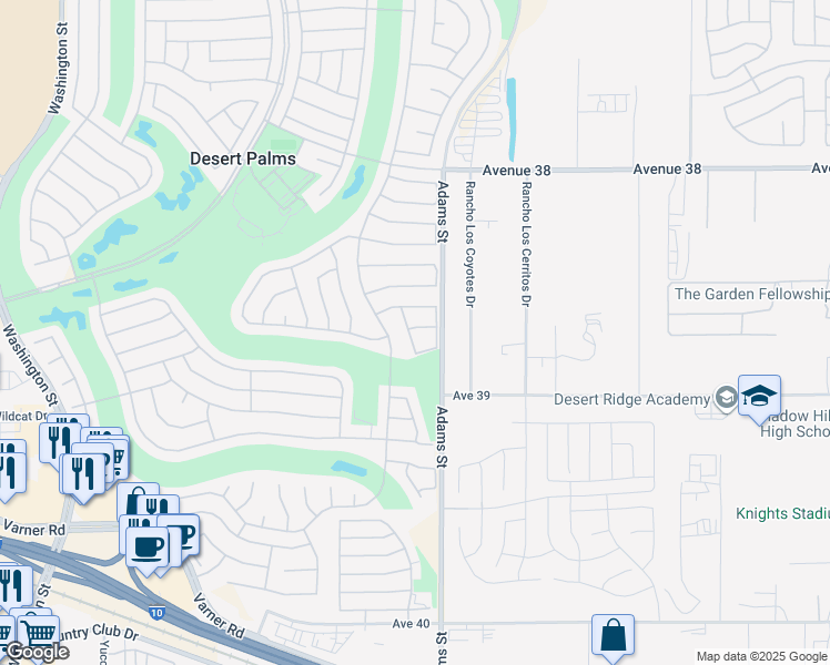 map of restaurants, bars, coffee shops, grocery stores, and more near 38742 Burgundy Lane in Palm Desert