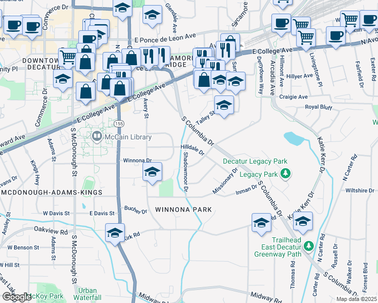 map of restaurants, bars, coffee shops, grocery stores, and more near 204 Shadowmoor Drive in Decatur
