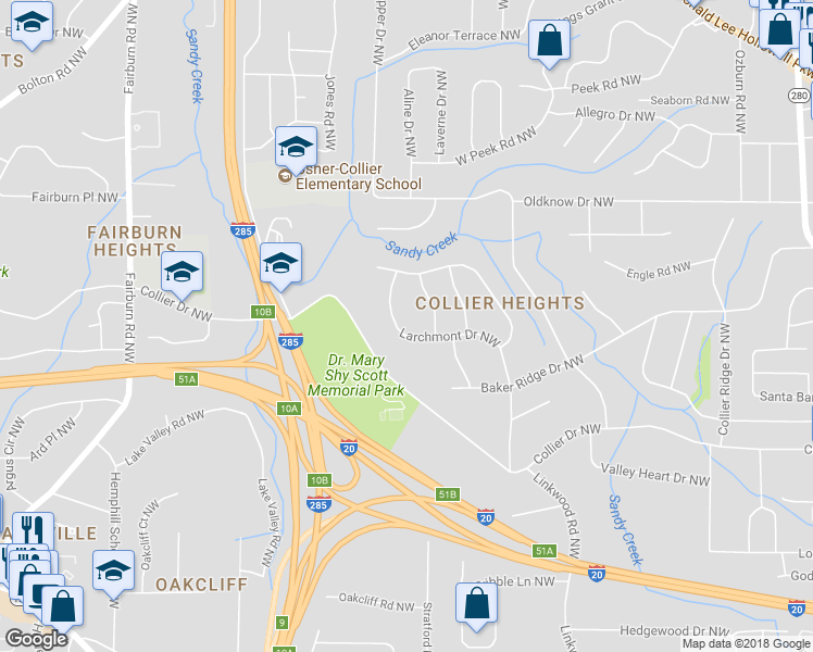 map of restaurants, bars, coffee shops, grocery stores, and more near 571 Larchmont Drive Northwest in Atlanta
