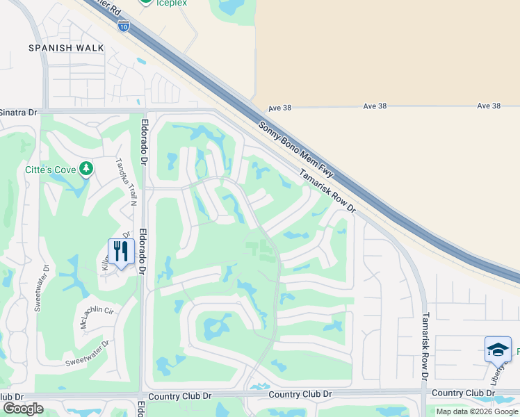 map of restaurants, bars, coffee shops, grocery stores, and more near 76437 Violet Circle in Palm Desert