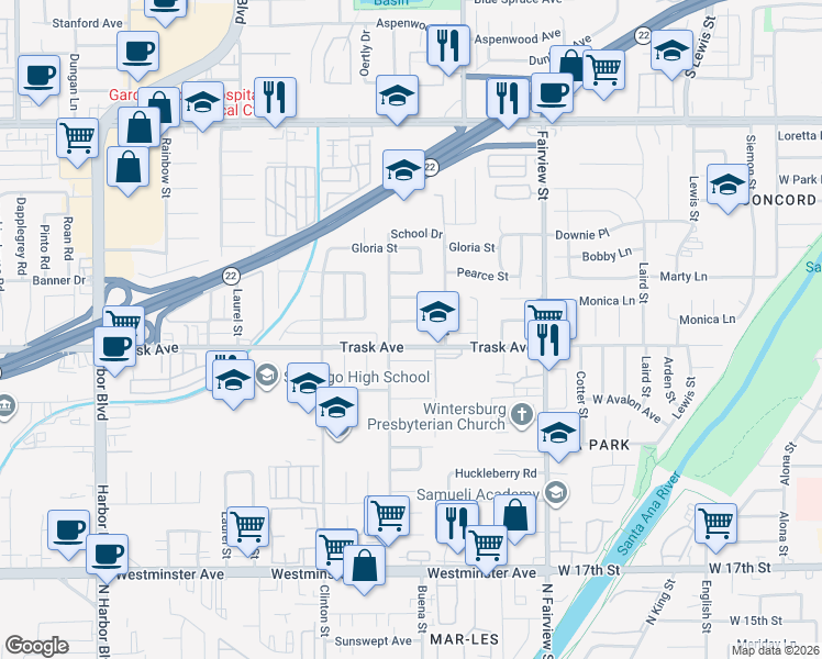map of restaurants, bars, coffee shops, grocery stores, and more near 13422 Buena Way in Garden Grove