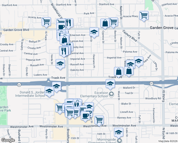 map of restaurants, bars, coffee shops, grocery stores, and more near 10231 Dakota Avenue in Garden Grove
