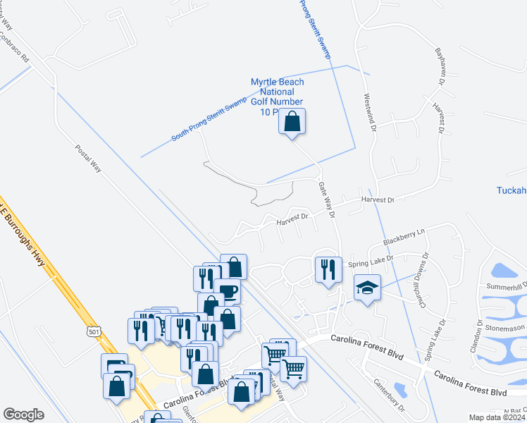 map of restaurants, bars, coffee shops, grocery stores, and more near 4990 Windsor Green Way in Myrtle Beach
