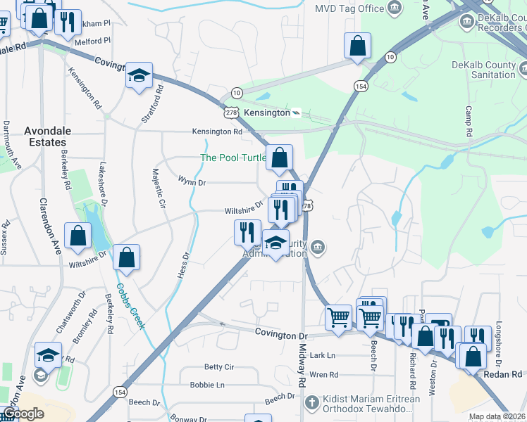map of restaurants, bars, coffee shops, grocery stores, and more near 953 Nottingham Drive in Avondale Estates