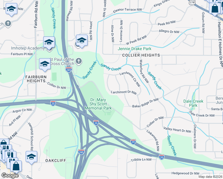 map of restaurants, bars, coffee shops, grocery stores, and more near 571 Larchmont Drive Northwest in Atlanta
