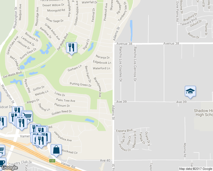 map of restaurants, bars, coffee shops, grocery stores, and more near 38742 Burgundy Lane in Palm Desert