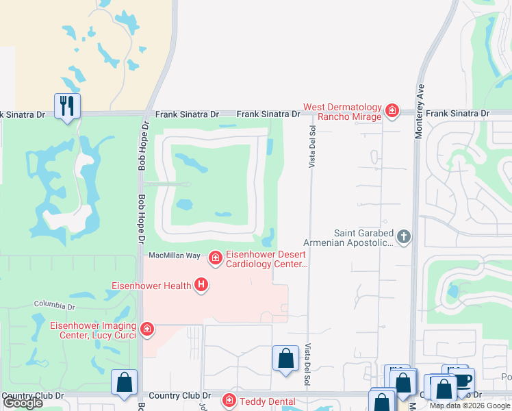 map of restaurants, bars, coffee shops, grocery stores, and more near 128 Kavenish Drive in Rancho Mirage