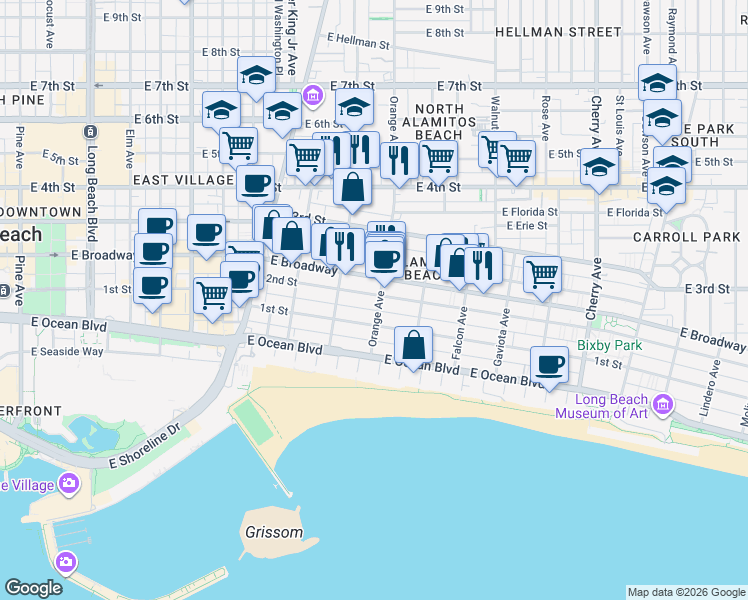 map of restaurants, bars, coffee shops, grocery stores, and more near 1162 East 2nd Street in Long Beach