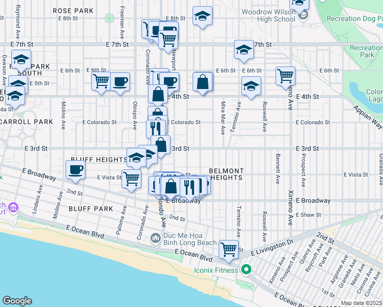 map of restaurants, bars, coffee shops, grocery stores, and more near 270 Loma Avenue in Long Beach