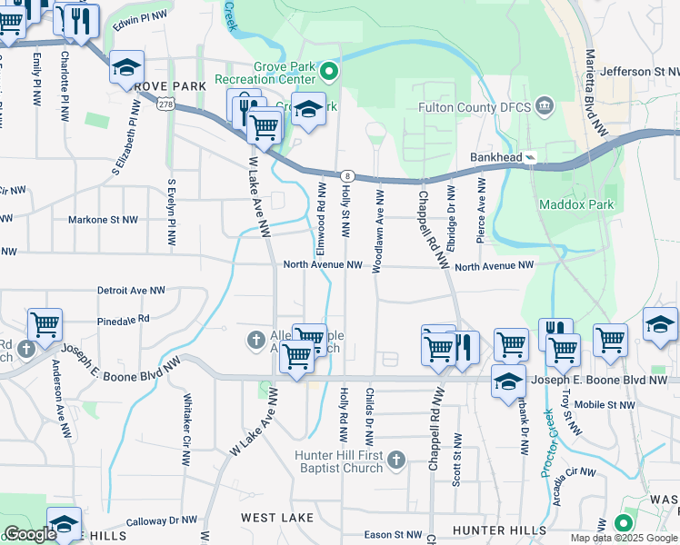 map of restaurants, bars, coffee shops, grocery stores, and more near 458 Holly Street Northwest in Atlanta