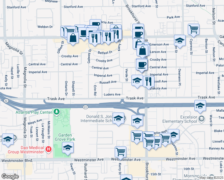 map of restaurants, bars, coffee shops, grocery stores, and more near 9712 Dakota Avenue in Garden Grove