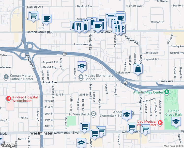 map of restaurants, bars, coffee shops, grocery stores, and more near 13392 Newland Street in Garden Grove