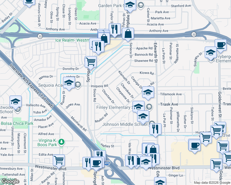 map of restaurants, bars, coffee shops, grocery stores, and more near 6171 Chickasaw Drive in Westminster