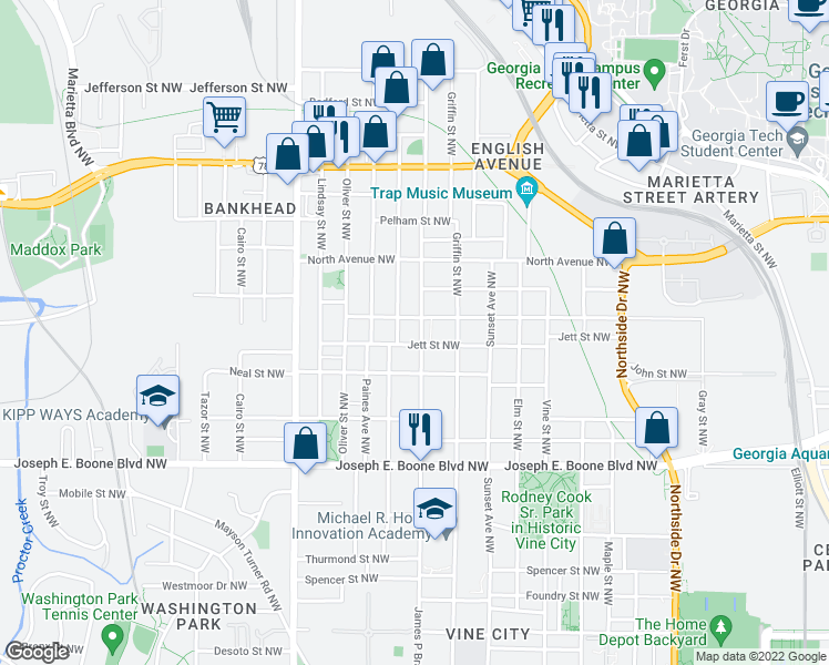 map of restaurants, bars, coffee shops, grocery stores, and more near 480 James P Brawley Drive Northwest in Atlanta
