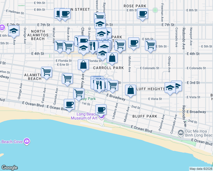 map of restaurants, bars, coffee shops, grocery stores, and more near 287 Kennebec Avenue in Long Beach