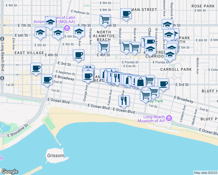 map of restaurants, bars, coffee shops, grocery stores, and more near 1424 East Broadway in Long Beach