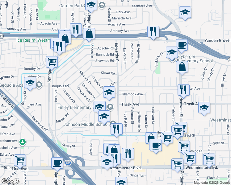map of restaurants, bars, coffee shops, grocery stores, and more near 13383 Edwards Street in Westminster