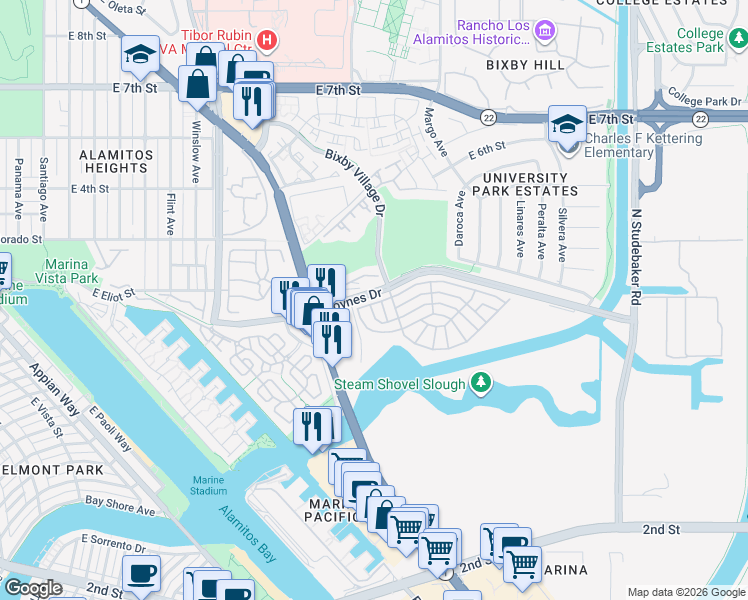 map of restaurants, bars, coffee shops, grocery stores, and more near 6207 East Sea Breeze Drive in Long Beach