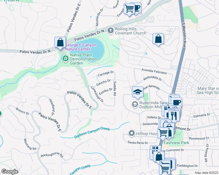 map of restaurants, bars, coffee shops, grocery stores, and more near 2219 Estribo Drive in Rolling Hills Estates