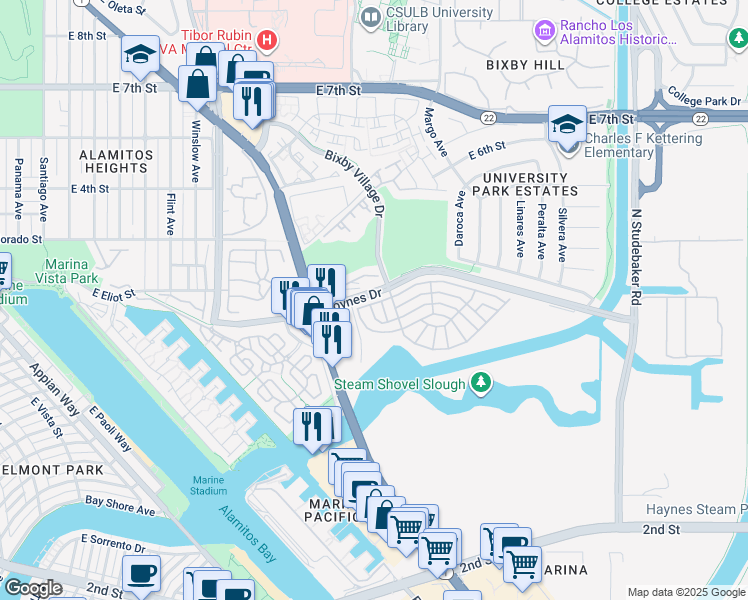 map of restaurants, bars, coffee shops, grocery stores, and more near 6207 East Sea Breeze Drive in Long Beach