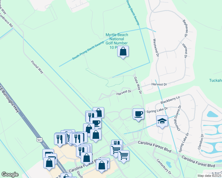 map of restaurants, bars, coffee shops, grocery stores, and more near 4990 Windsor Green Way in Myrtle Beach