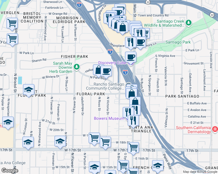 map of restaurants, bars, coffee shops, grocery stores, and more near 2327 Bonnie Brae in Santa Ana