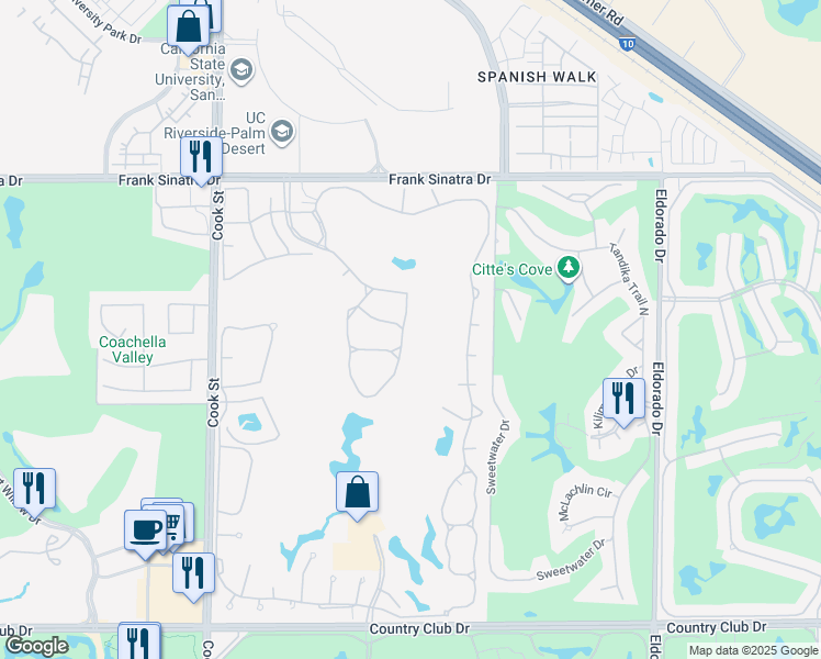 map of restaurants, bars, coffee shops, grocery stores, and more near 272 Vista Royale Circle East in Palm Desert