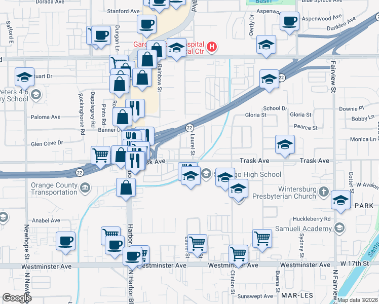 map of restaurants, bars, coffee shops, grocery stores, and more near 12292 Ranchero Avenue in Garden Grove