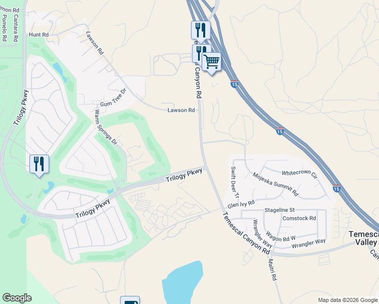 map of restaurants, bars, coffee shops, grocery stores, and more near Temescal Canyon Road in Corona