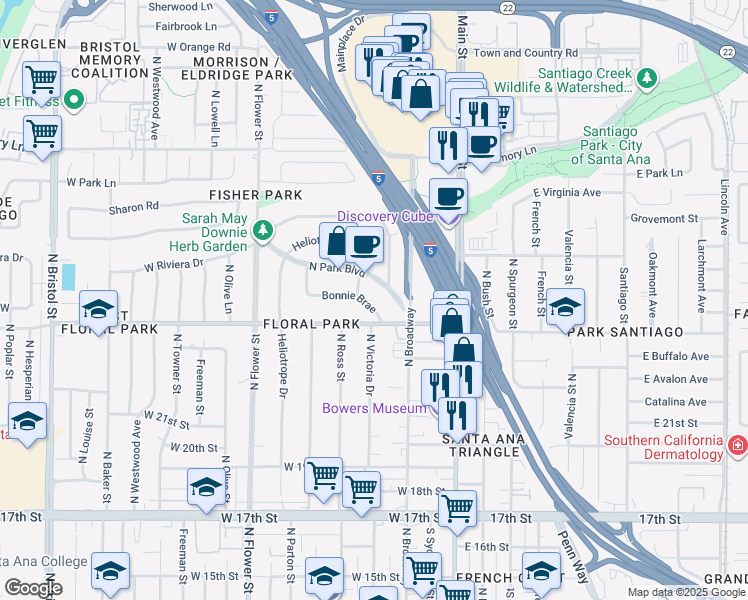 map of restaurants, bars, coffee shops, grocery stores, and more near 2327 Bonnie Brae in Santa Ana