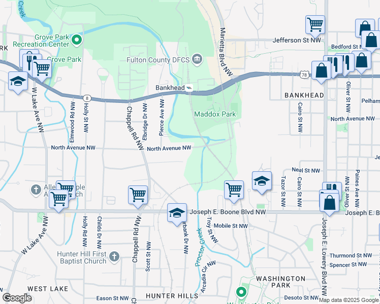 map of restaurants, bars, coffee shops, grocery stores, and more near 1254 North Avenue Northwest in Atlanta