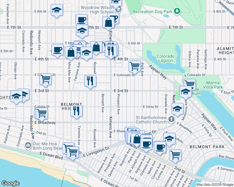 map of restaurants, bars, coffee shops, grocery stores, and more near 271 Prospect Avenue in Long Beach