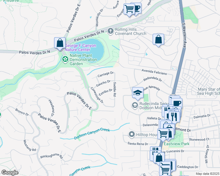 map of restaurants, bars, coffee shops, grocery stores, and more near 16 Gaucho Drive in Rolling Hills Estates