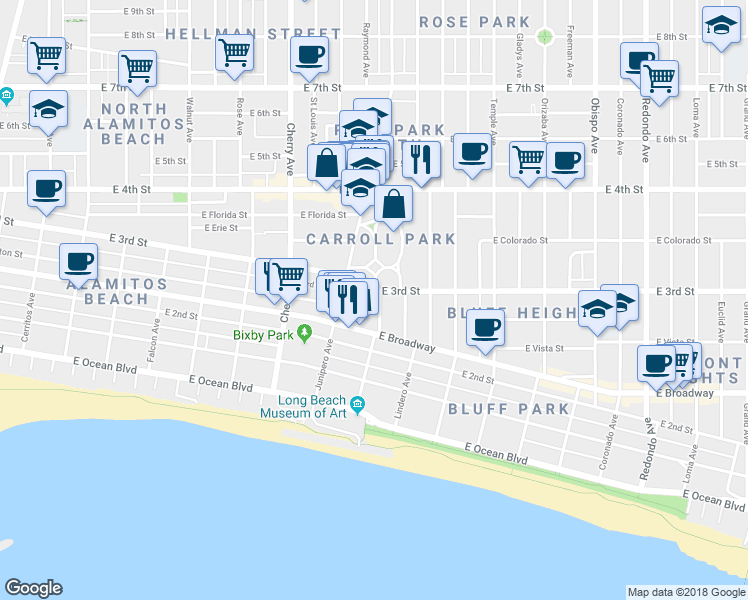 map of restaurants, bars, coffee shops, grocery stores, and more near 287 Kennebec Avenue in Long Beach