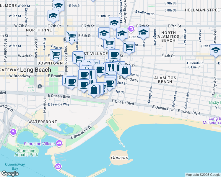 map of restaurants, bars, coffee shops, grocery stores, and more near 73 Alamitos Avenue in Long Beach