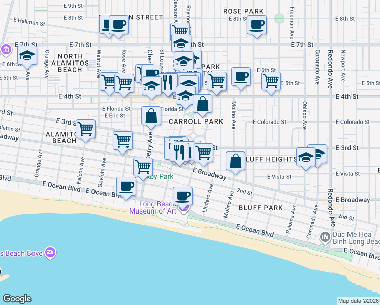 map of restaurants, bars, coffee shops, grocery stores, and more near 2314 East 3rd Street in Long Beach