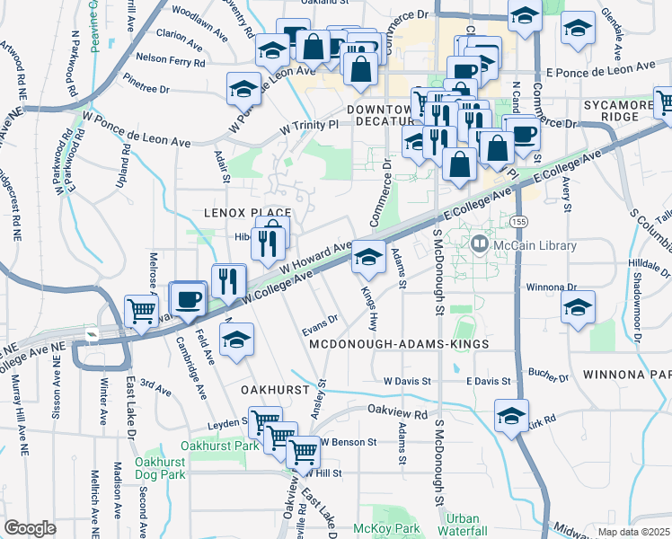 map of restaurants, bars, coffee shops, grocery stores, and more near 318 West College Avenue in Decatur