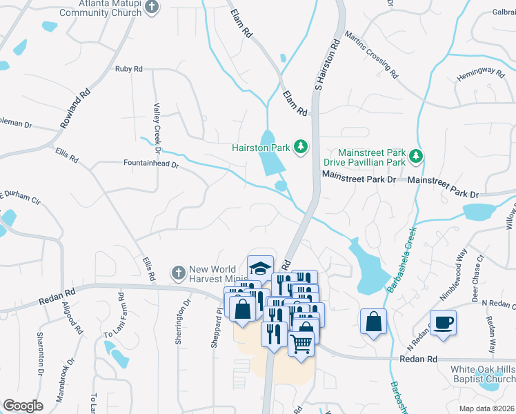 map of restaurants, bars, coffee shops, grocery stores, and more near 4785 Brasac Drive in Stone Mountain