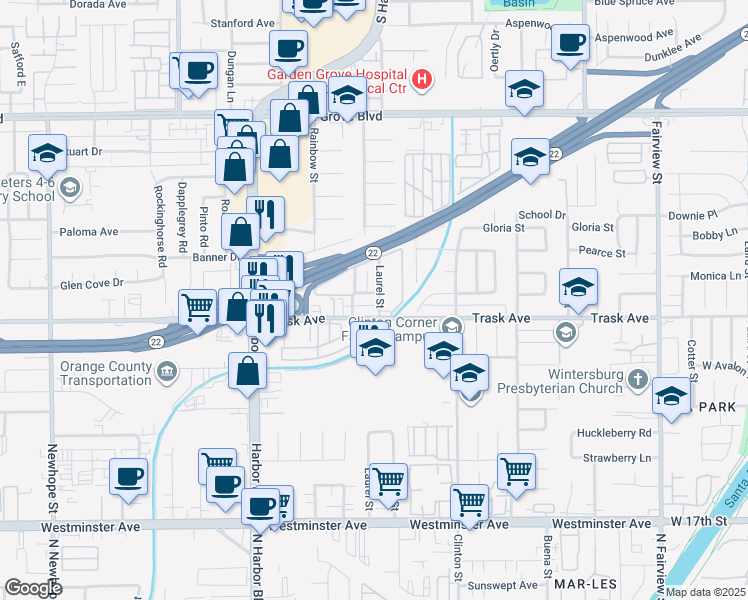map of restaurants, bars, coffee shops, grocery stores, and more near 12292 Ranchero Avenue in Garden Grove