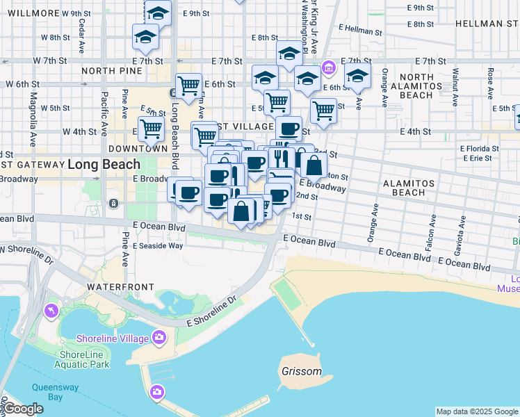 map of restaurants, bars, coffee shops, grocery stores, and more near 87 Lime Avenue in Long Beach