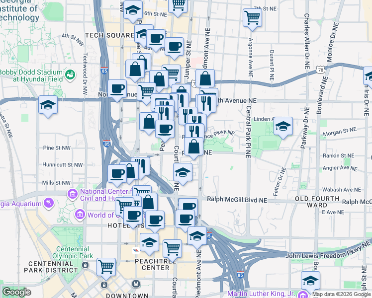 map of restaurants, bars, coffee shops, grocery stores, and more near 140 Pine Street Northeast in Atlanta