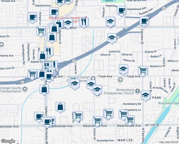map of restaurants, bars, coffee shops, grocery stores, and more near 12461 Ranchero Way in Garden Grove