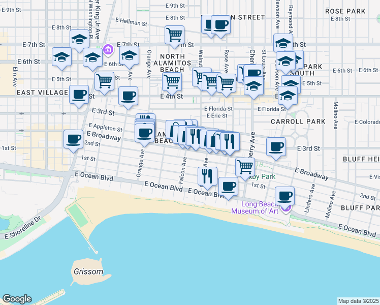 map of restaurants, bars, coffee shops, grocery stores, and more near in Long Beach
