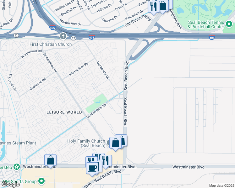 map of restaurants, bars, coffee shops, grocery stores, and more near 1121 Northwood Road in Seal Beach