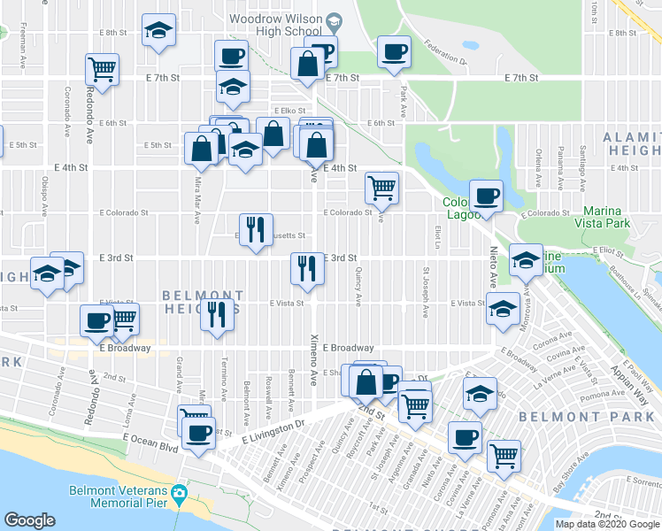 map of restaurants, bars, coffee shops, grocery stores, and more near 271 Prospect Avenue in Long Beach