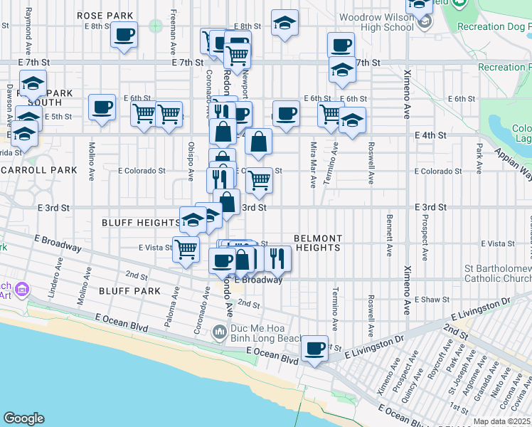 map of restaurants, bars, coffee shops, grocery stores, and more near 270 Loma Avenue in Long Beach