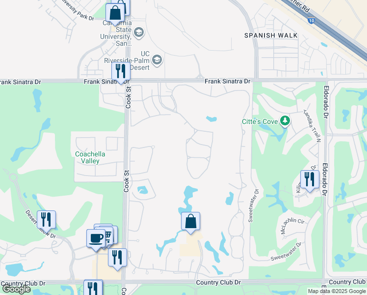 map of restaurants, bars, coffee shops, grocery stores, and more near 276 Vista Royale Circle East in Palm Desert