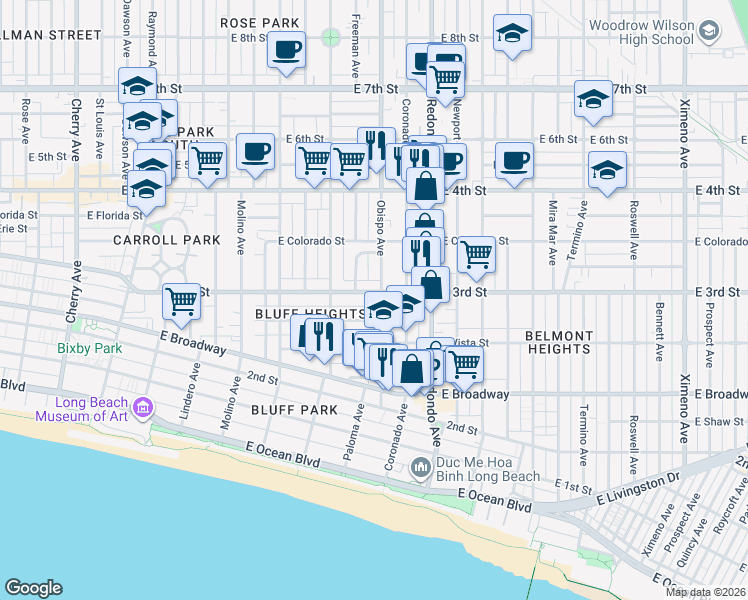 map of restaurants, bars, coffee shops, grocery stores, and more near 3130 East 3rd Street in Long Beach